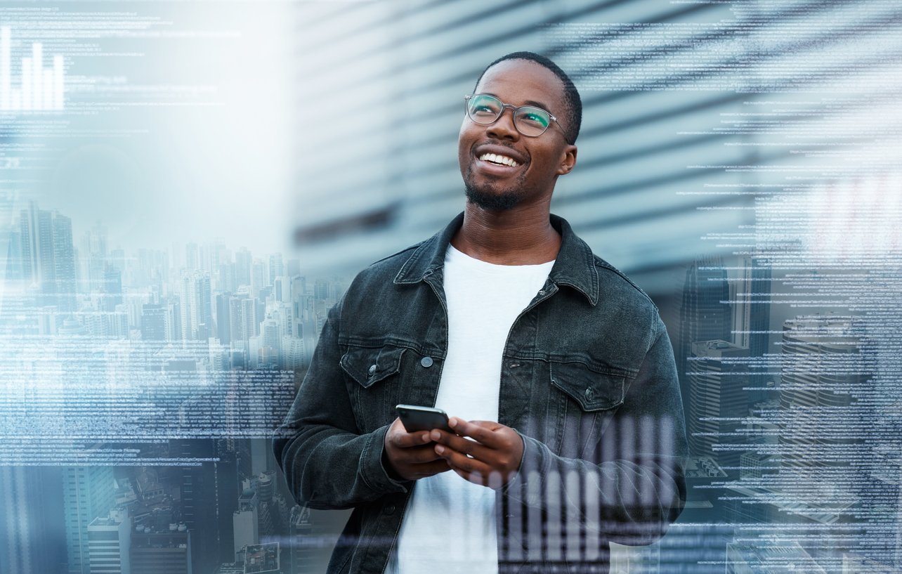 Overlay, phone and black man trading on the stock market happy about his future financial investments. Smile, cryptocurrency and young trader excited with the price growth news in the digital economy